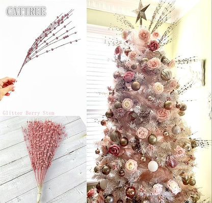 Artificial Glitter Berry Stem Decorations, Fake Bead Sticks Pick 17 Inch Stems for Halloween Christmas Ornaments Glittery Twigs Xmas Tree Wreath Vase Filler Home Decor - Champagne Pink 10 Pack
