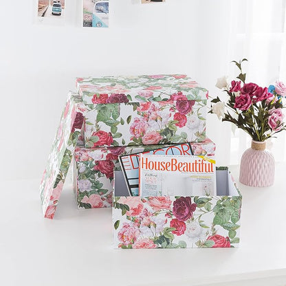 Soul & Lane Decorative Cardboard Storage Boxes with Lids for Home Decor and Organization, Set of 3 Large Keepsake Boxes for Memories & Gifts, Nesting Floral Photo Storage Containers, Rose Romance