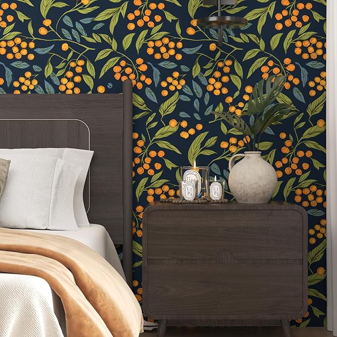 Boho Wallpaper Peel and Stick Floral Contact Paper Leaves Wall Paper for Closet Countertop Cabinet Renter Friendly Removable Self Adhesive Blue Orange Green 17.5 x 196.5In