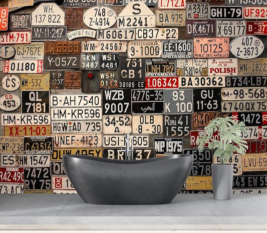 Eierme-Old License Plates from Around The World Mural Wallpaper Peel and Stick 137" x 102"