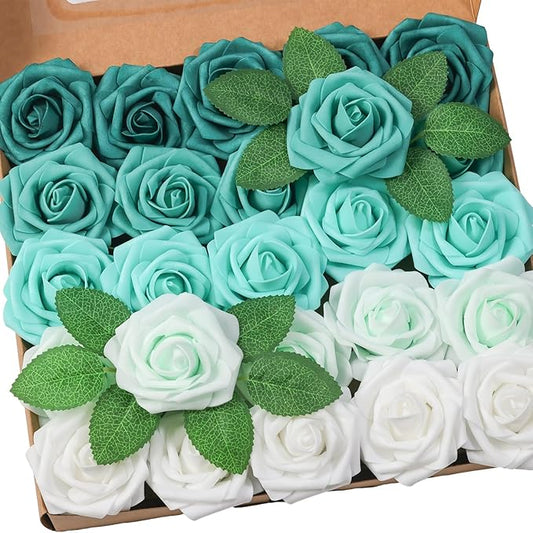 25pcs Artificial Flower，Real Looking Foam Roses w/Stem for DIY Wedding Bouquets Centerpieces Bridal Shower Party Decor-Shades of Teal Green