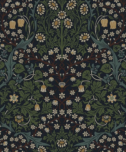 NextWall Seabrook Designs Victorian Garden Floral Vintage Prepasted Wallpaper (Midnight Blue & Evergreen)
