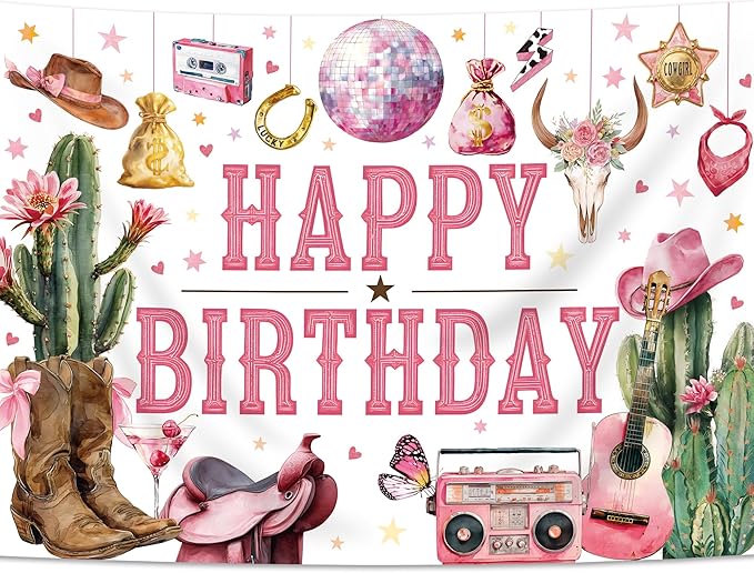 SVBright Western Cowgirl Happy Birthday Backdrop 7Wx5H Wild West Retro Brown Pink Cactus Floral Boots Hat Disco Rustic Butterfly Country Decorations Photography Background Banner Photo Booth Studio