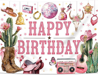 SVBright Western Cowgirl Happy Birthday Backdrop 7Wx5H Wild West Retro Brown Pink Cactus Floral Boots Hat Disco Rustic Butterfly Country Decorations Photography Background Banner Photo Booth Studio