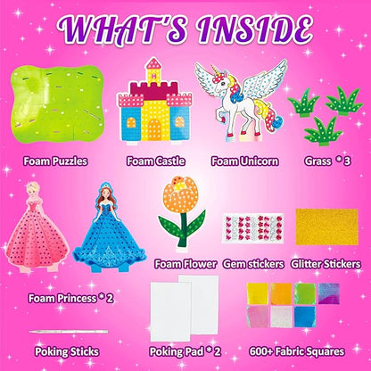 AGENTLAN Poke Art Princess Kit for Kids, DIY Craft Kits with Magical Princesses & Unicorn, Mess-Free Fabric Arts and Crafts, Fun & Easy Kits for Kids, Birthday Gifts for Ages 4 5 6 7 8+