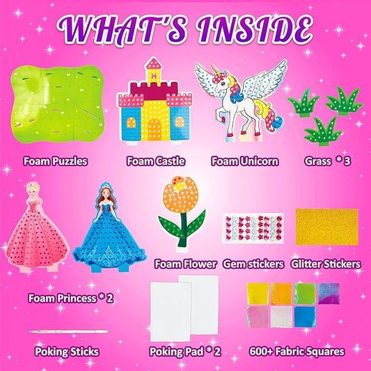 AGENTLAN Poke Art Princess Kit for Kids, DIY Craft Kits with Magical Princesses & Unicorn, Mess-Free Fabric Arts and Crafts, Fun & Easy Kits for Kids, Birthday Gifts for Ages 4 5 6 7 8+