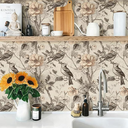 Vintage Animal Peel and Stick Contact Paper Beige Bird Removable Botanical Leaf Tree Wallpaper 17.7" x 236.22" Wall Paper Watercolor Self Adhesive for Classroom Bedroom Laundry Room Bathroom