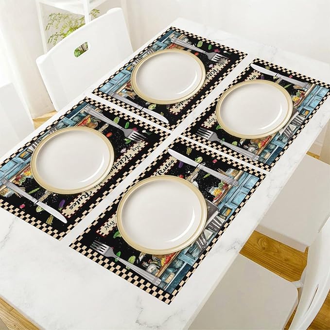 Gourmet Chef Placemats Vintage Rustic Plaid Cutlery Knives Cooking Vegetables Fruits Kitchen Utensils ation Placemats Table Kitchen Dining Party 12x18 Inch Set of 4