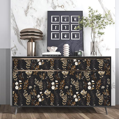 Black Floral Peel and Stick Wallpaper 17.4" x 197" Vintage Dark Gold Leaf Contact Paper Waterproof Self-Adhesive Vinyl Wall Covering for Bedroom Bathroom Countertop Cabinets, Boho Wall Decor