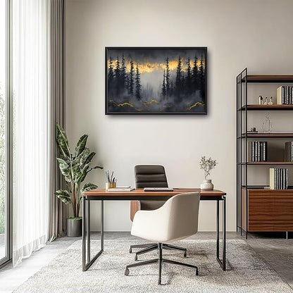 Misty Forests Large Decor Framed Wall Art Gold and Black Pictures for Living Room, Foggy Forest Landscape Oversized Canvas Print Painting Modern Extra Large Framed Artwork for Bedroom Office 36"x24"