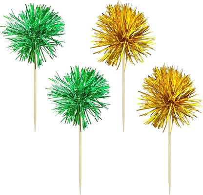 Gyufise 30Pcs Foil Firework Cupcake Toppers Sparkle Tinsel Cake Toppers Tinsel Drink Cake Decoration Cocktail Picks for Birthday Wedding Graduation Party Supplies Gold Green