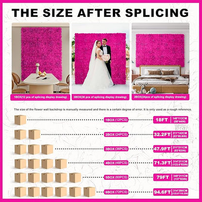 Flower Wall Backdrop 12pcs 16.5x16.5 Inch Floral Wall Panel Artificial Silk Rose Wall Decor Ideal for Wedding Celebrations, Festive Party Backdrops, and Home Decor-Bright Pink