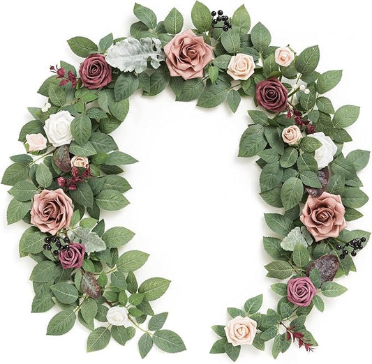 Ling's moment 5FT Artificial Flower Garland Dusty Rose & Mauve Fake Rose Eucalyptus Garland Arch Flowers Vine for Wedding Party Backdrop Home Table Centerpieces Decorations