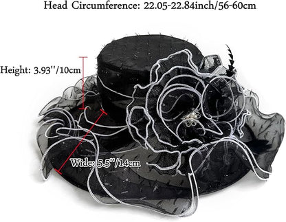 Organza Derby Hats for Women Wide Brim Fascinator Hat Rose Flower Wedding Tea Party Hat