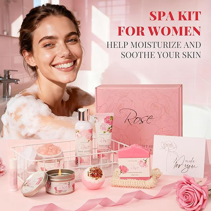 Gifts for Women, Birthday Gifts for Women, Bath and Body Gift Basket Mothers Day Gifts, Rose Home Spa Set Self Care Gift, Thank You for Mom Sister Her Teacher Friends Friendship