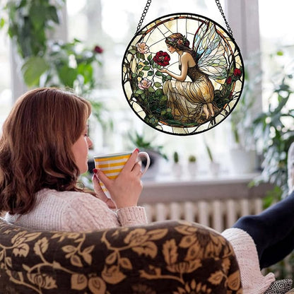 Stained Glass Window Hanging - Butterfly Flower Fairy Suncatcher for Door Terrace Garden Home Decor Yellow Green Plants Sun Catcher Birthday Gifts for Lovers Women Men Dad Mom Nana 15 in
