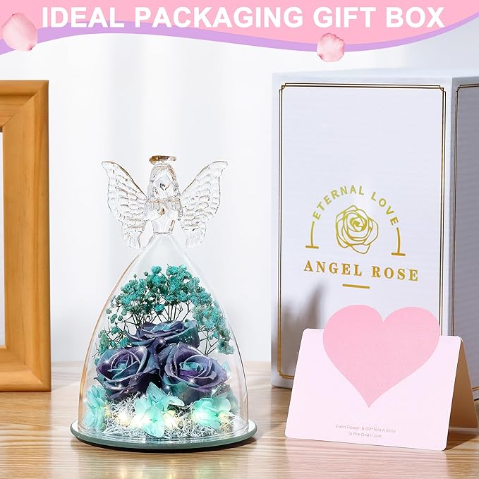 Christmas Rose Gifts for Women Preserved Real Flower in Glass Angel Figurines Roses for Delivery Prime Birthday Gifts for Mom Grandma Girlfriend Wife Her, GlitterPurpleAquablue