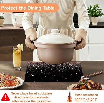 Pink Glitter Heart Placemats Set of 6,Dinner Table Mats Non-Slip Washable Mats for Kitchen Dinner Party Tablemat 12x18Inch