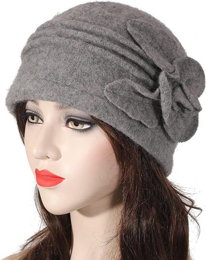 ZLYC Women Wool Cloche Bucket Hat 1920s Vintage Dress Winter Hats with Flower Accent