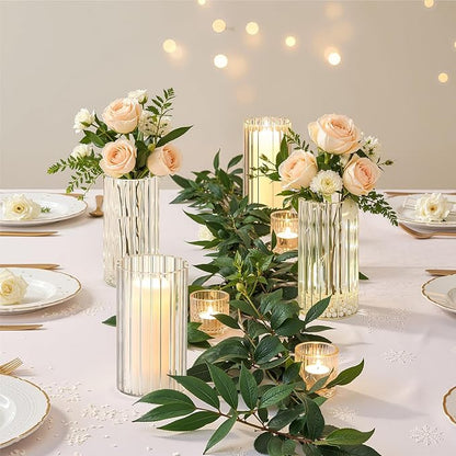 Ribbed Glass Vase Set of 12 Packs, Propagation Vases for Plants, 6 Inches Glass Cylinder Vases for Centerpieces, Hurricane Candle Holder for House Warming Decoration Party
