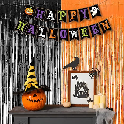 BRAVESHINE 1 Black 1 Orange Tinsel Photo Backdrop Curtains - 3.2x8.2ft Foil Fringe Streamer Curtain for Birthdays, Halloweens, Graduations, Pumpkin, Home, Indoor or Outdoor Party Supplies Decorations