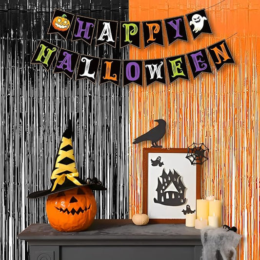 BRAVESHINE 1 Black 1 Orange Tinsel Photo Backdrop Curtains - 3.2x8.2ft Foil Fringe Streamer Curtain for Birthdays, Halloweens, Graduations, Pumpkin, Home, Indoor or Outdoor Party Supplies Decorations