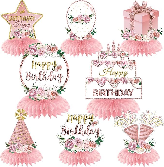 Pink Rose Gold Birthday Decorations Floral Honeycomb Centerpieces for Women Girls, 8pcs Floral Birthday Table Centerpiece Party Supplies, 16th 18th 21th 30th 40th 50th 60th Bday Table Topper