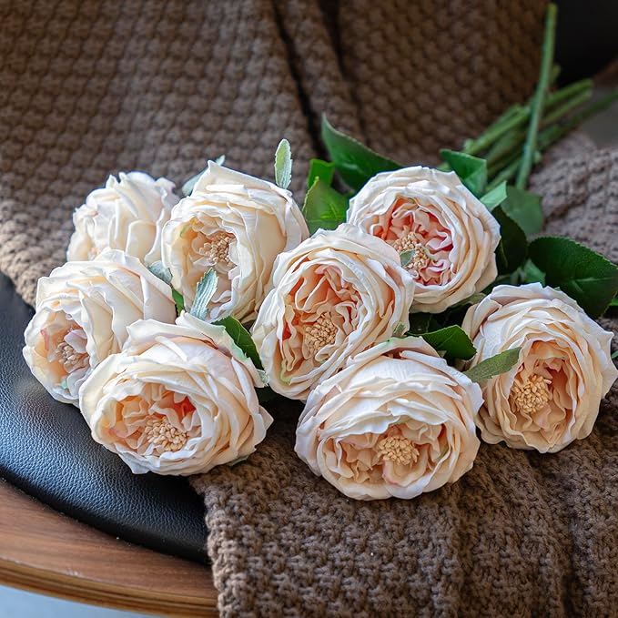 Fake Flowers for Decoration Home Decor Real Touch Artificial Flowers Austin Rose Peony Latex Fake Flower Living Room Decoration Vivid Pink Roses Peonies (Champagne 4pcs)