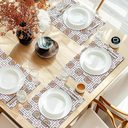 Cotton Linen Waterproof Placemats Set of 4, Boho Style Colorful Dining Mat Table Mats Decor Fabric for Kitchen Dinner Coffee Shop Table, Indoor/Outdoor Washable Wipeable Place Mat -N016