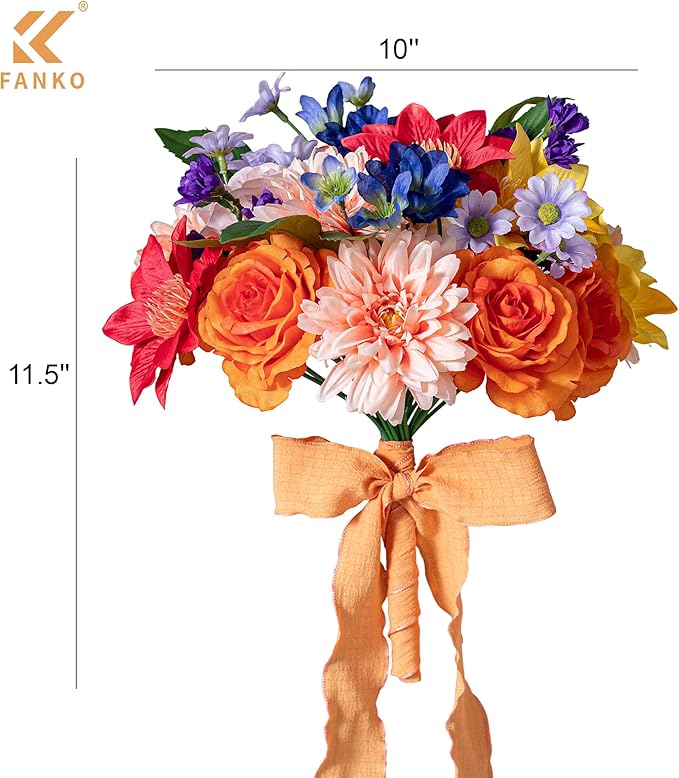 FANKO Artificial Flowers Mixed Rainbow Combo, Fake Silk Rose Flowers Orange & Champagne Roses, Pink Dahlia for DIY Wedding Bridal Bouquets/Centerpieces/Home