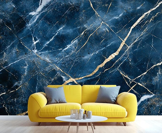 Blue Marble Wall Mural, Gold Vein Marble 3D Wall Murals, Luxury Navy Stone Wallpaper Mural, for Living Room Bedroom Large Wallpaper Indoor Decor 157.5" W x110.3 H