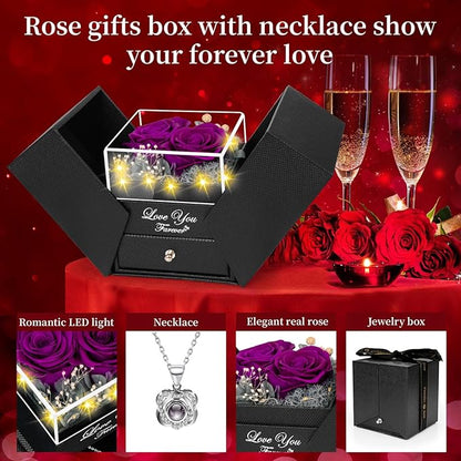 2 Preserved Real Rose with Heart I Love You Necklace- Eternal Rose Birthday Gifts for Women Wife Girlfriend Her Mom Grandma on Festivals Gifts Christmas Valentines Mothers Day Anniversary-Purple Roses