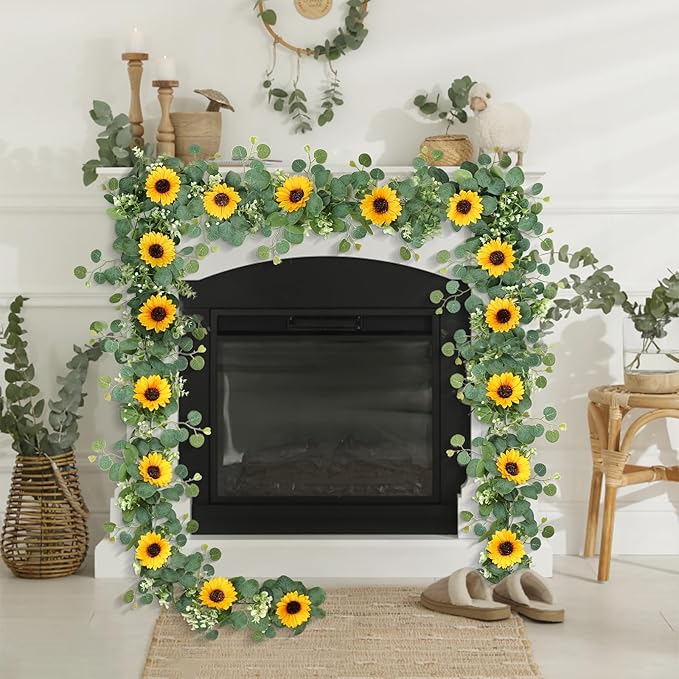 SOMYTING Artificial Sunflower Garland, 2 Packs 6ft Silk Sunflowers Vines Hanging Flowers Garland with Green Leaves for Party Baby Shower Birthday Wedding Room Decor