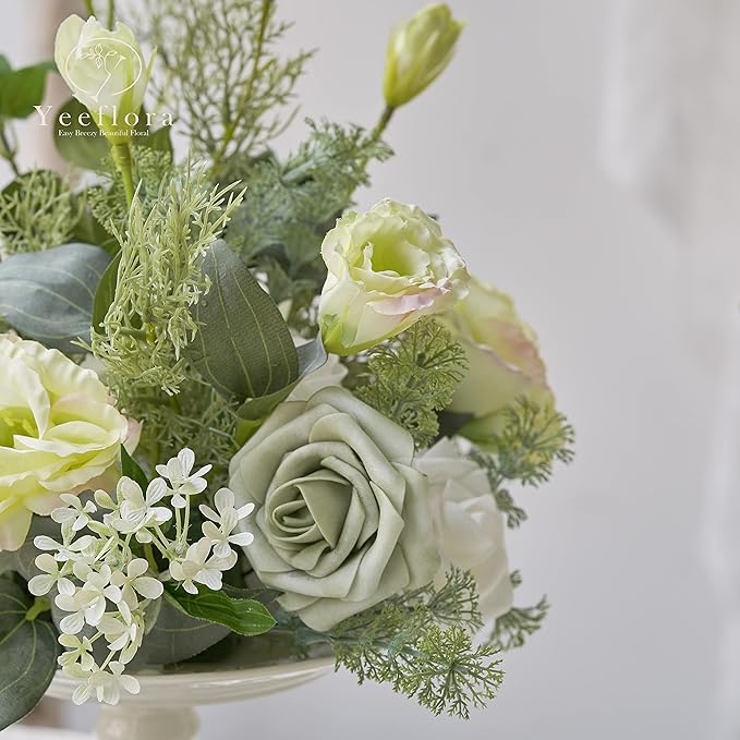 Artificial Flowers, 100pcs Realistic Rose for DIY Wedding Bouquets Centerpieces Arrangements, Sage Green Foam Flowers with Stem Bridal Shower Party Home Decorations