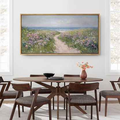 SIGNFORD Extra Large Framed Canvas Print Wall Art Seaside Path with Wildflowers Coastal Landscape Illustrations Modern Art Relax/Calm Warm for Living Room, Bedroom, Office - 60"x30"