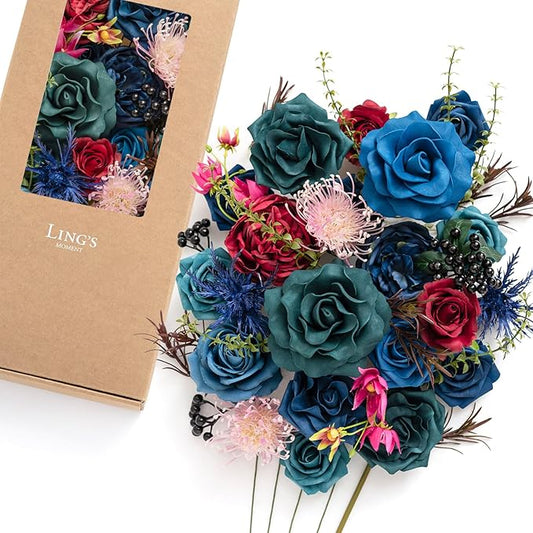 Ling's moment Fake Flowers Box, Foam Roses Artificial Fern Berry Faux Greenery Stems for Wedding Bouquets Centerpieces Table Decorations Floral Arrangement, Navy Blue & Pink, Deluxe Combo