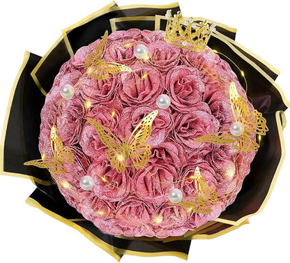Gold Rose Glitter Roses Bouquet, 36 Pcs Shiny Glitter Flowers Bouquet, Everlasting DIY Artificial Roses Bouquet for Christmas, Birthday, Anniversary, Wedding, Engagement,Mothers Day,Gifts
