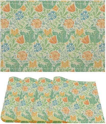 William Morris Placemats Boho Rural Farmhouse Vintage Floral Art Printed Dining Table Mats Set of 4 for Home Kitchen Holiday Picnic Party Decor 12x18in