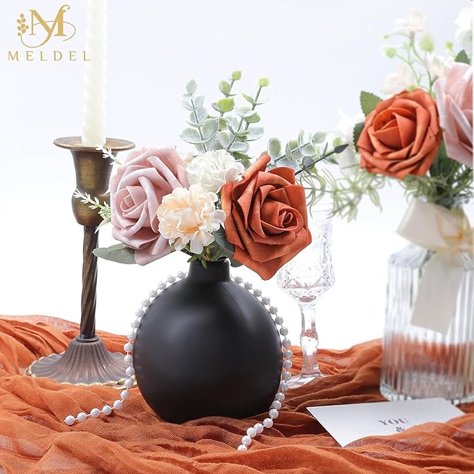Meldel Artificial Flowers 25pcs Real Looking Burnt Orange Warm Taupe Foam Fake Roses with Stems for DIY Wedding Bouquets Bridal Shower Centerpieces Floral Arrangements Home Decorations Bulk Crafts