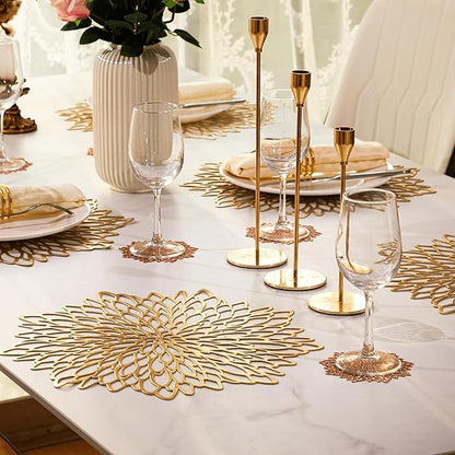 Snowkingdom 6 Pack Gold Placemats Metallic Pressed Vinyl Round Leaf Plastic Dinning Table Place Mats Fancy Decorative for Wedding Christmas Thanksgiving Holiday Spring Outdoor