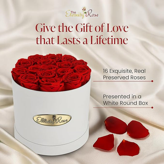 The Eternity Rose 16-Piece Preserved Roses in a Luxury Gift Box – Real Roses in White Round Box – A Valentine’s Gift as Everlasting as Your Love