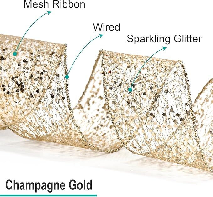 CT CRAFT LLC Sparkling Glitter Mesh Wired Ribbon 2.5" x 20 Yards Champagne Gold for Christmas Home Decor Bow Gift Wrapping DIY Crafts Wreath