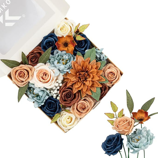 FANKO Artificial Flowers Navy Blue Rose, Mixed Fake Silk Flowers Combo Cream Yellow Rose Brown Dahlia Light Blue Peony Vintage Assorted Blooms for DIY Wedding Bridal Bouquets, Home Decor