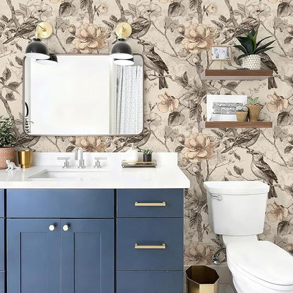 Vintage Animal Peel and Stick Contact Paper Beige Bird Removable Botanical Leaf Tree Wallpaper 17.7" x 118.11" Wall Paper Watercolor Self Adhesive for Classroom Bedroom Laundry Room Bathroom