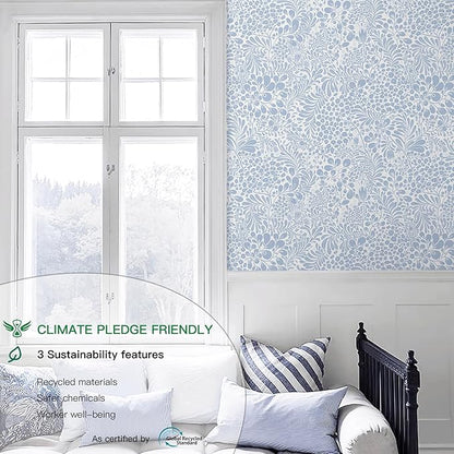 Heroad Peel and Stick Wallpaper Light Blue Floral Contact Paper 30'x17.3'' Boho Wall Paper Modern Removable Self Adhesive Wallpaper for Bedroom Bathroom Kitchen Cabinet Decor Waterproof Vinyl Roll