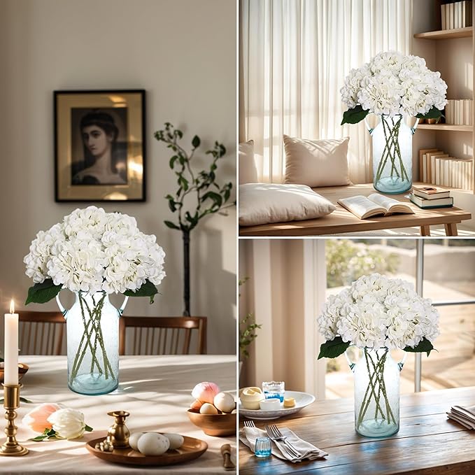 Kimura's Cabin 6pcs Faux White Hydrangeas Fake Flowers Artificial Silk Hydrangea Flower With Stems Bouquets Arrangement for Home Table Centerpieces Wedding Baby Shower Birthday Party Decoration(White)