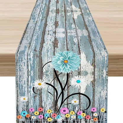 Watercolor Daisy Table Runner, Vintage Blue White Daisy Flower Rustic Blue Wood Farmhouse Print Table Center Decor for Family Kitchen Table Decorations Indoor Outdoor 13x90 inch