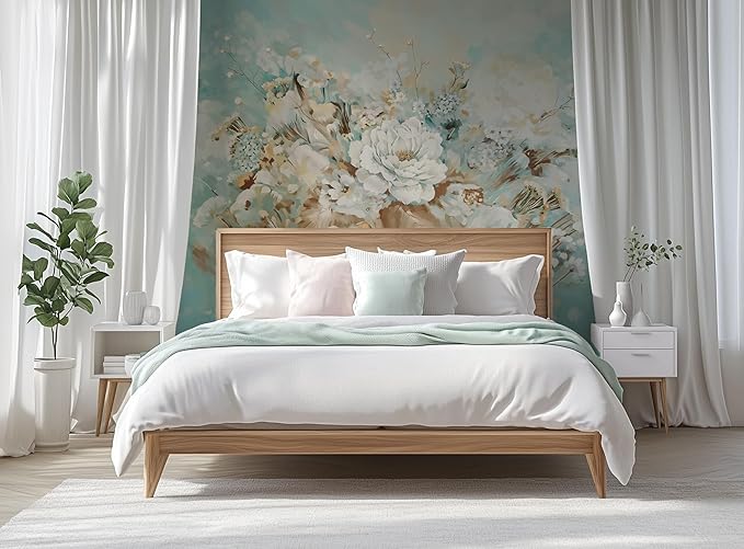 Vintage Floral Wall Mural – Large White Peony Bloom on Blue Background, Removable Peel and Stick Wallpaper for Dining Room, Living Room, or Bedroom Decor