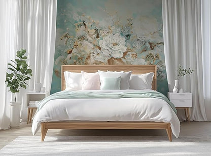 Vintage Floral Wall Mural – Large White Peony Bloom on Blue Background, Removable Peel and Stick Wallpaper for Dining Room, Living Room, or Bedroom Decor