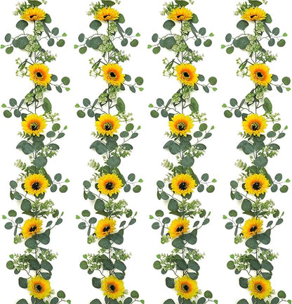 SOMYTING Artificial Sunflower Garland, 4 Packs 6ft Silk Sunflowers Vines Hanging Flowers Garland with Green Leaves for Party Baby Shower Birthday Wedding Room Decor (4PCS)
